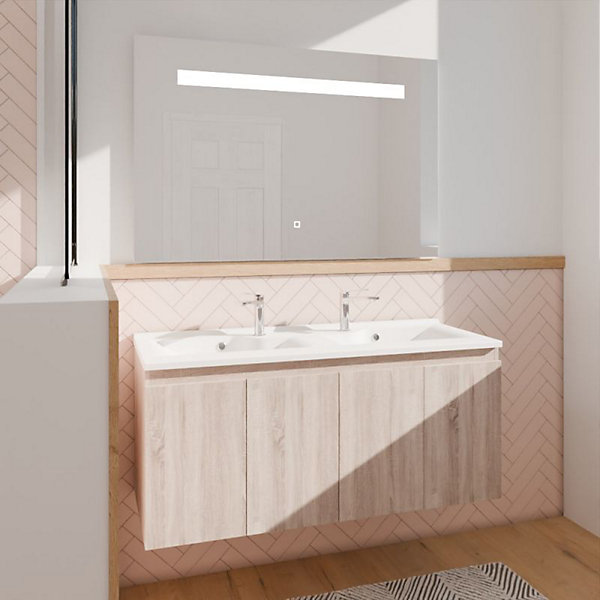 Meuble PROLINE 120 cm avec plan double vasque et miroir Elégance ht80- Bois- Plan vasque en Résine
