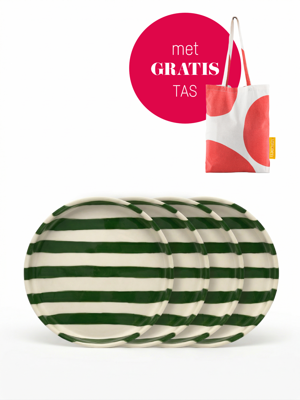 vtwonen - Gebaksbord - Strepen - Groen - Keramiek - 13cm - Set van 4