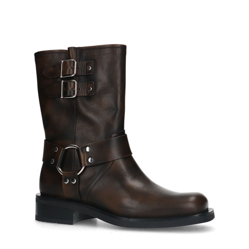 Manfield Bruine leren biker boots met zilverkleurige gespjes
