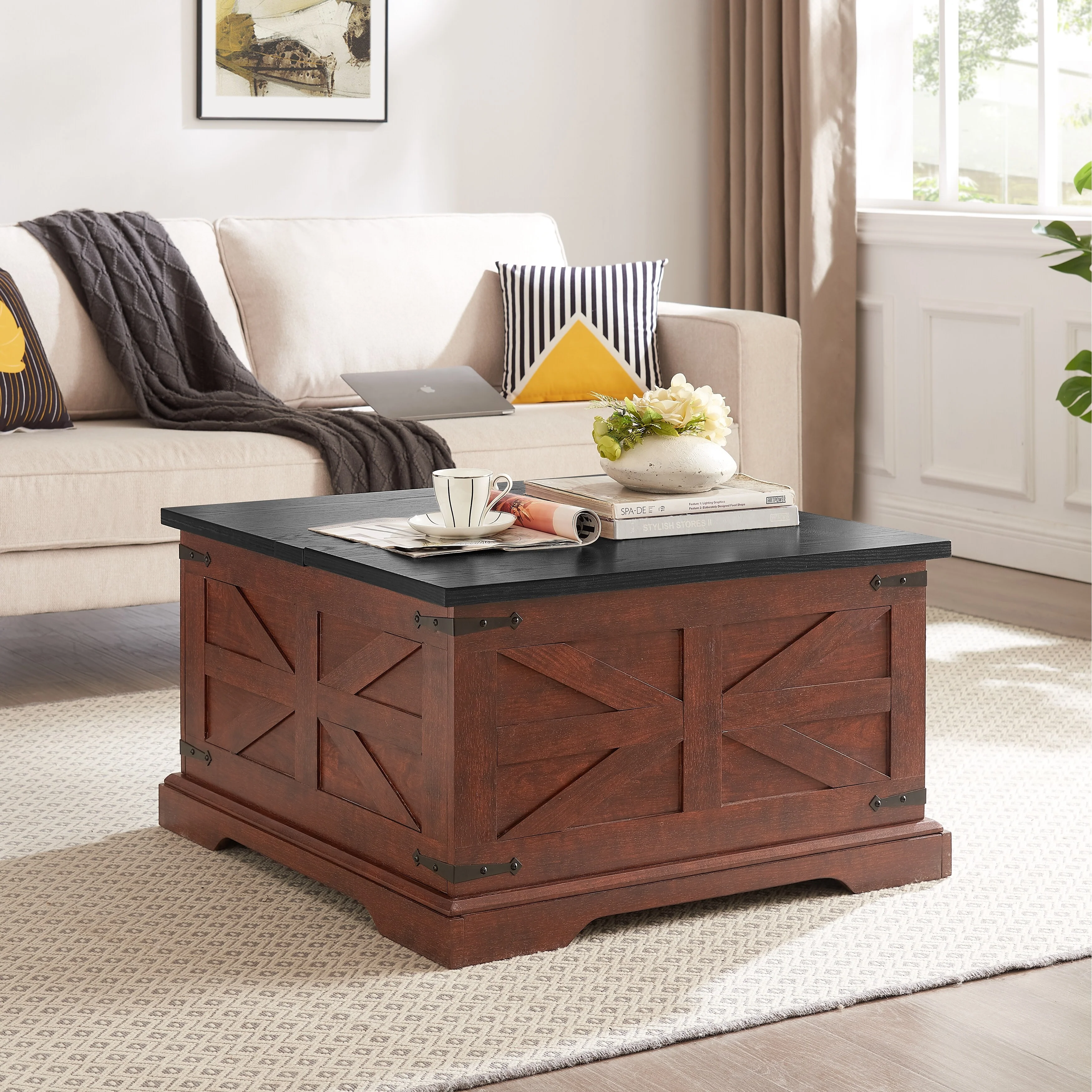 Roomfitters Farmhouse Coffee Table with Lift Top Square, Wood Center Table, Square Wood Center Table with Hidden Storage
