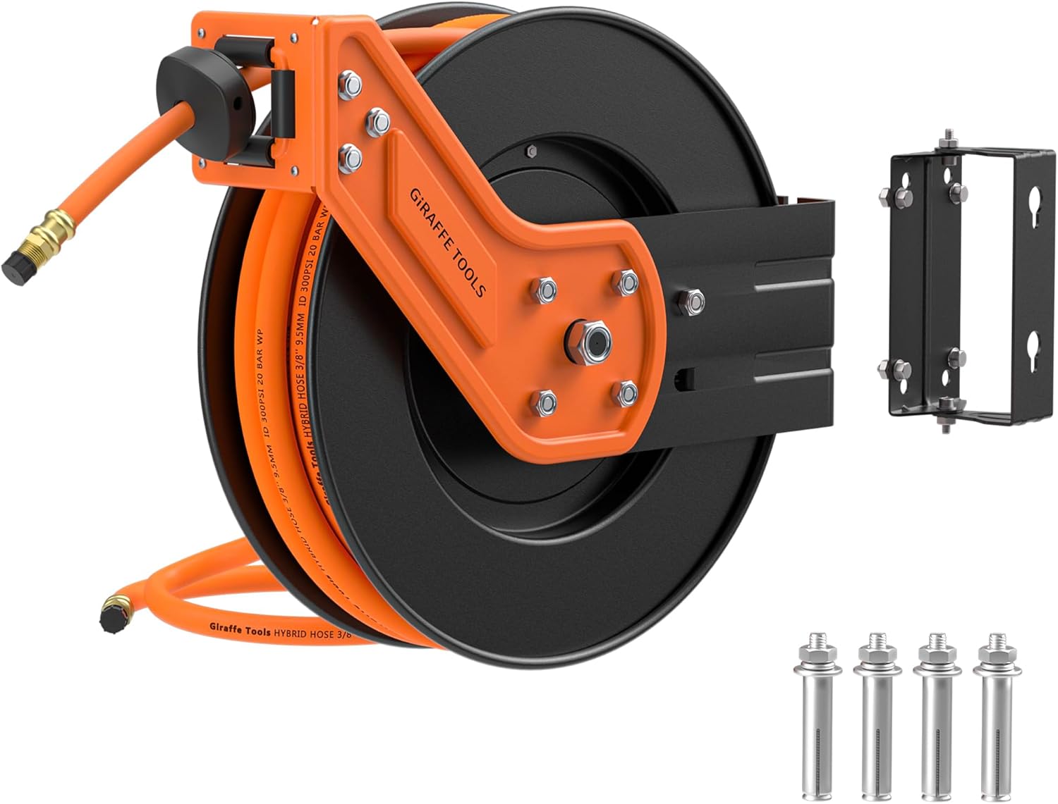 Giraffe Tools TA15 Retractable Air Hose Reel Swivel 3/8 x 50 ft Hybrid Hose, Max 300 PSI, Ceiling/Wall Mounted Heavy Duty Industrial Commercial Air Compressor Hose Reel, 50ft, Tangelo