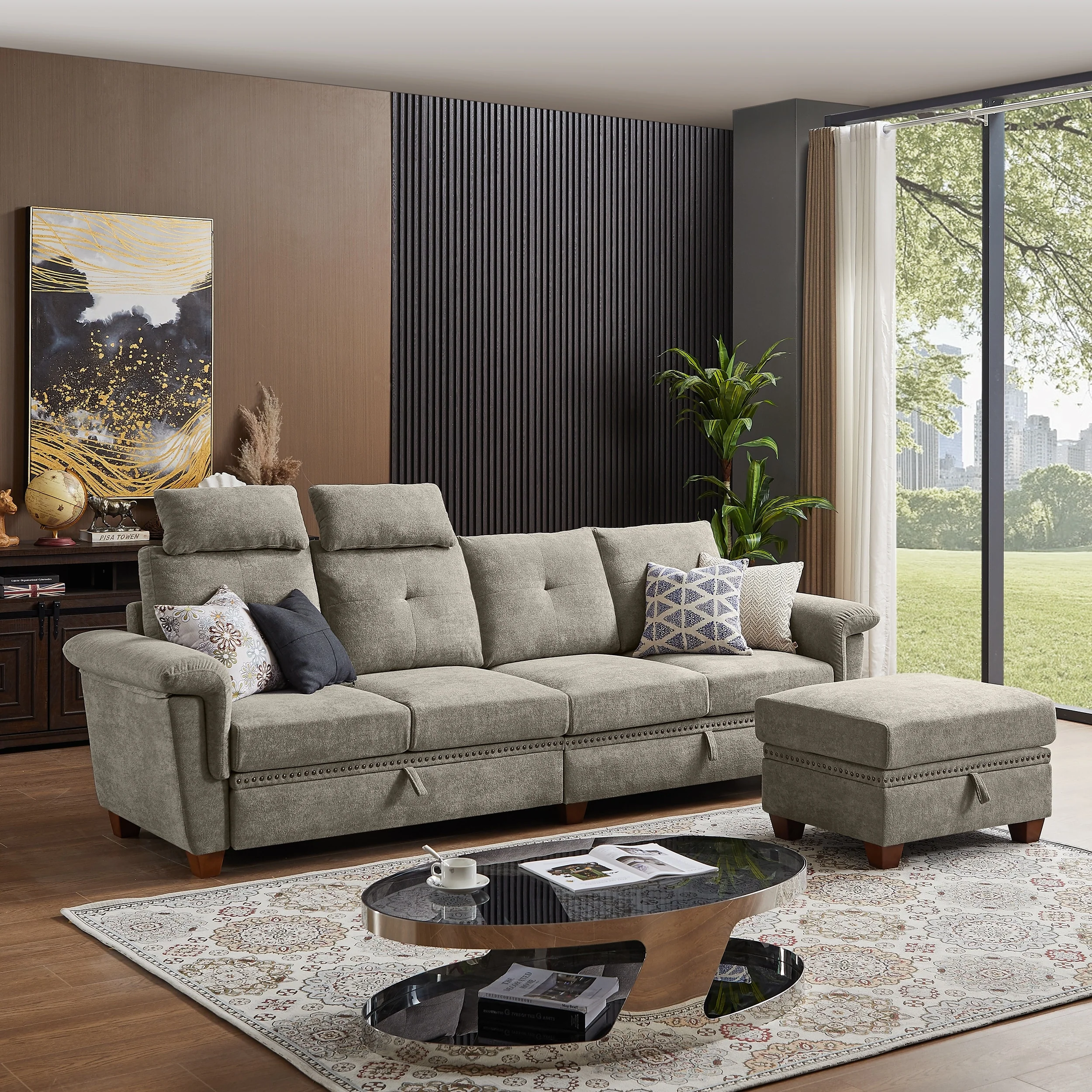 109 Modern 4 Seaters Towelling Sectional Sofa with Hidden Coffee Table and Large Storage Space