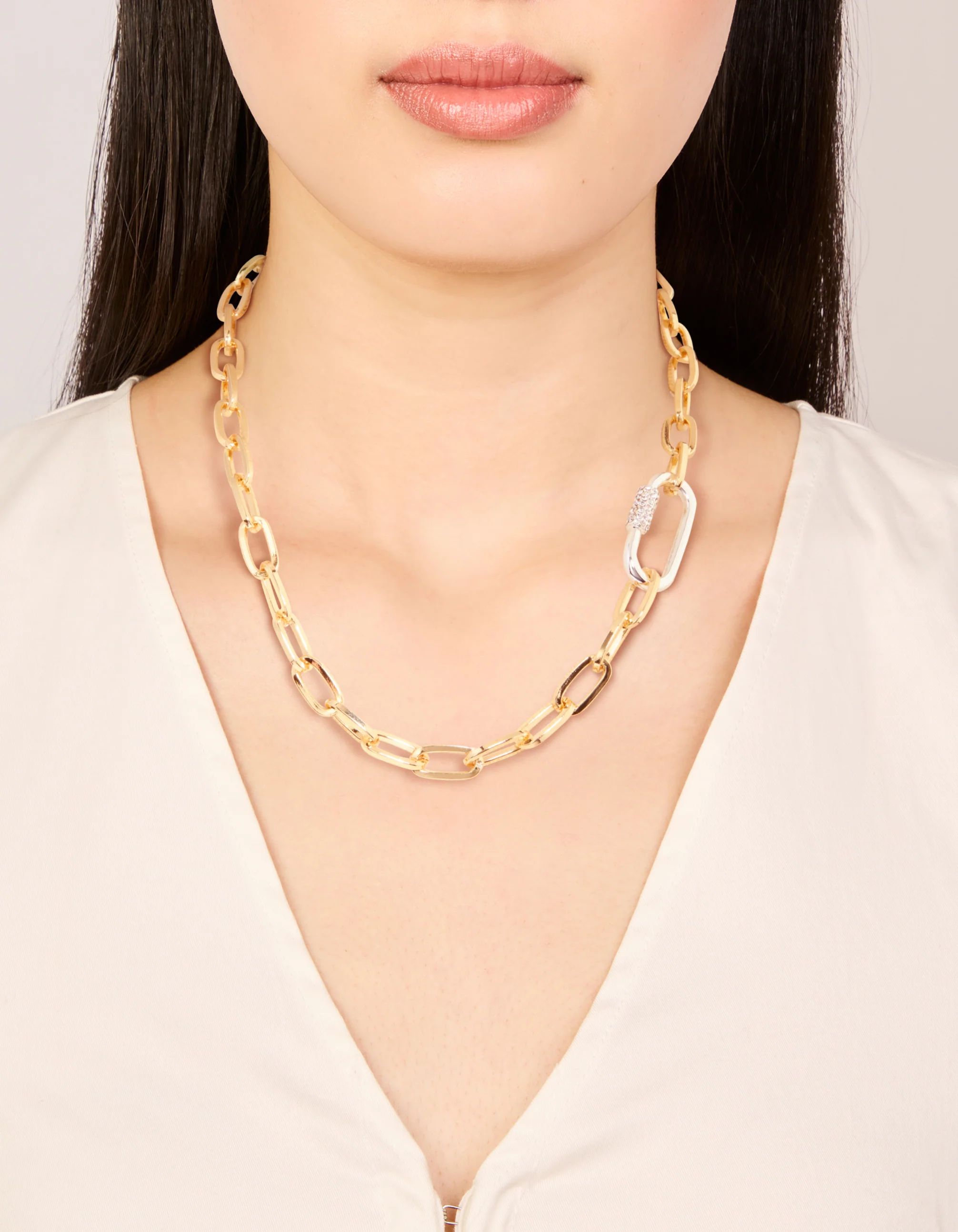 Mixed Metal Plated Diamante Carabiner Chain Necklace