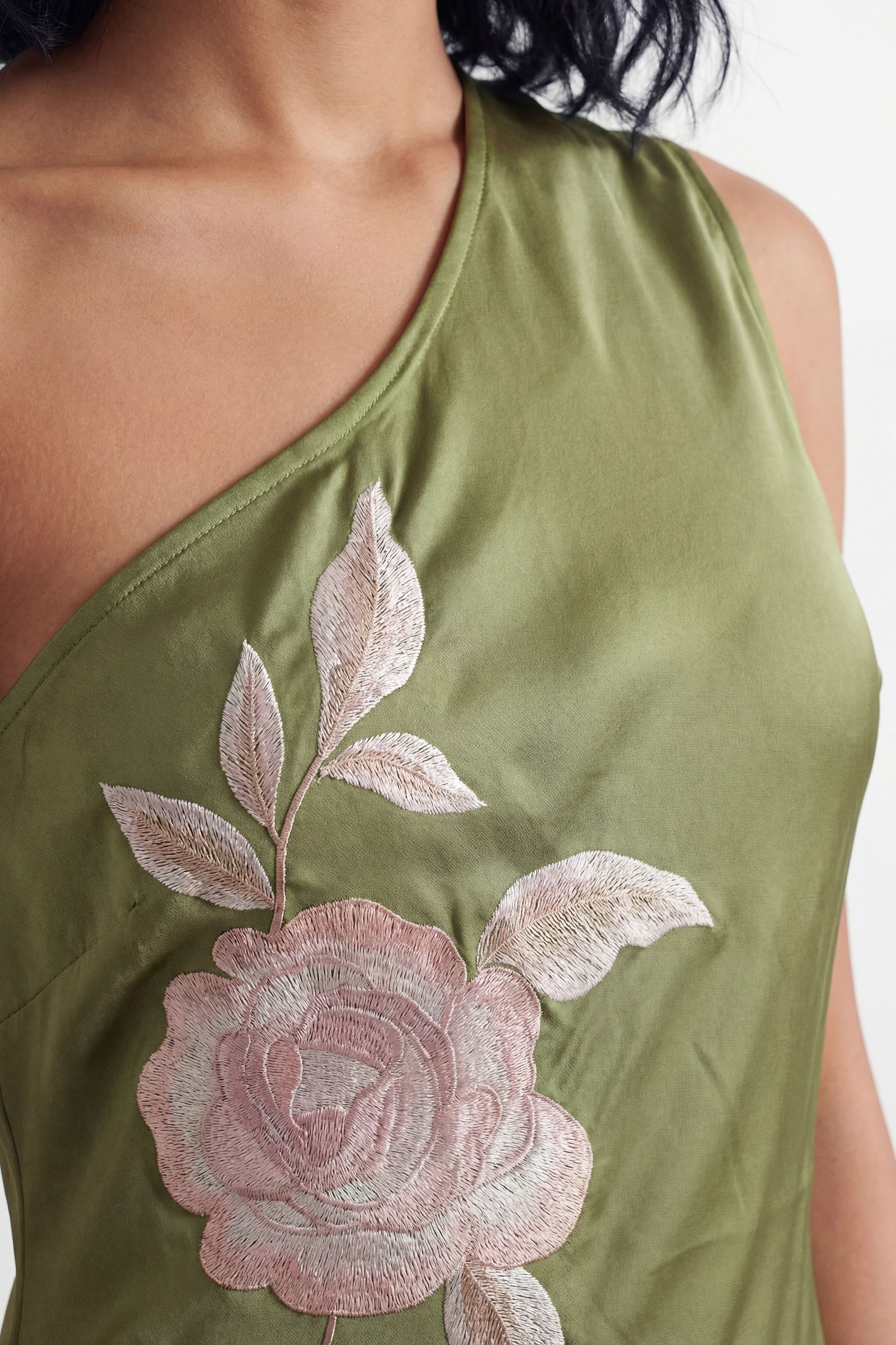 Warehouse One Shoulder Embroidered Fringed Midi Dress