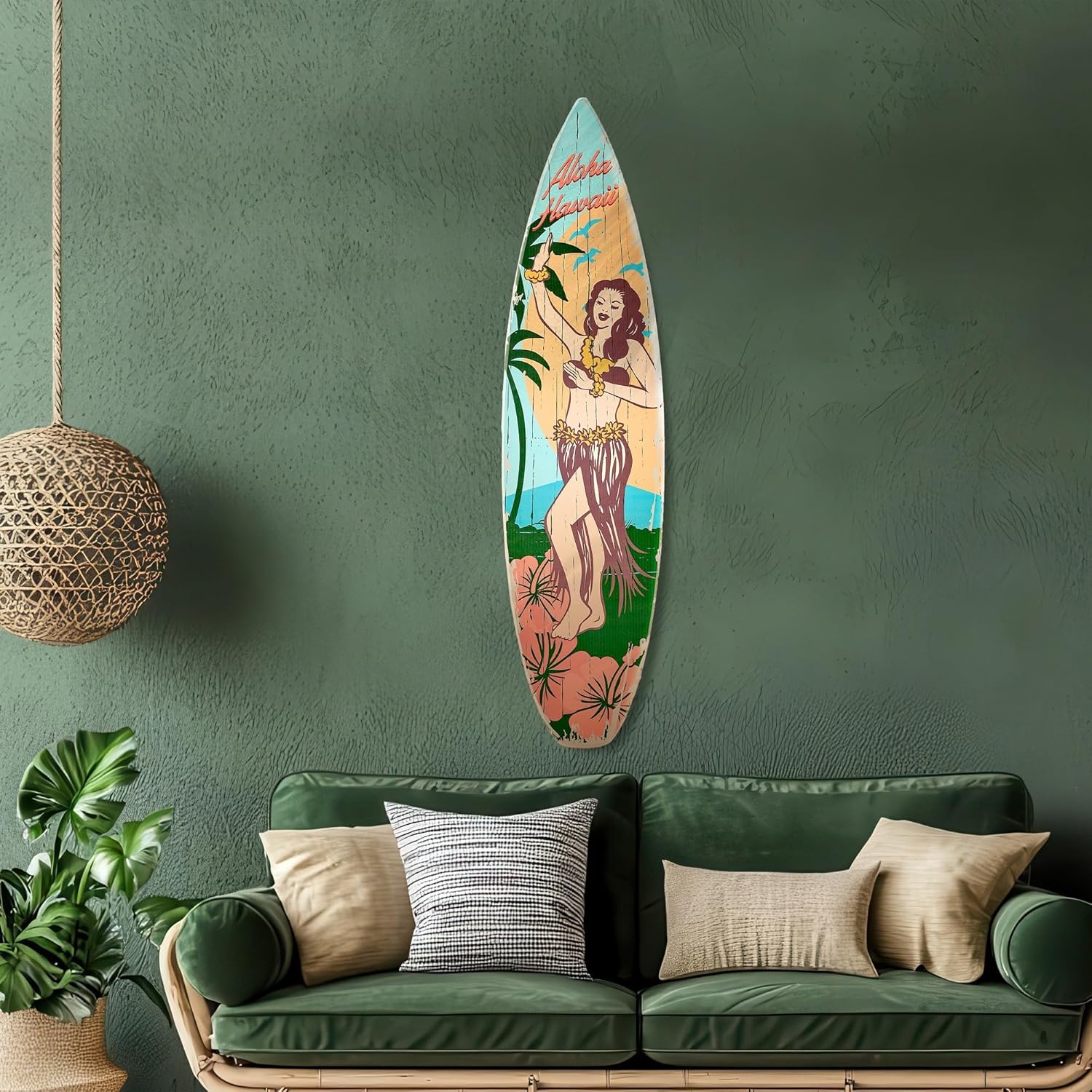 Beach Decor Surfboard Wall Art - Aloha Hawaii Plaque - Tropical Coastal Beach House Wall Decor for Living Room Bedroom Bathroom Patio Tiki Bar Hawaiian Island Ocean Wood Sign Large 60x15
