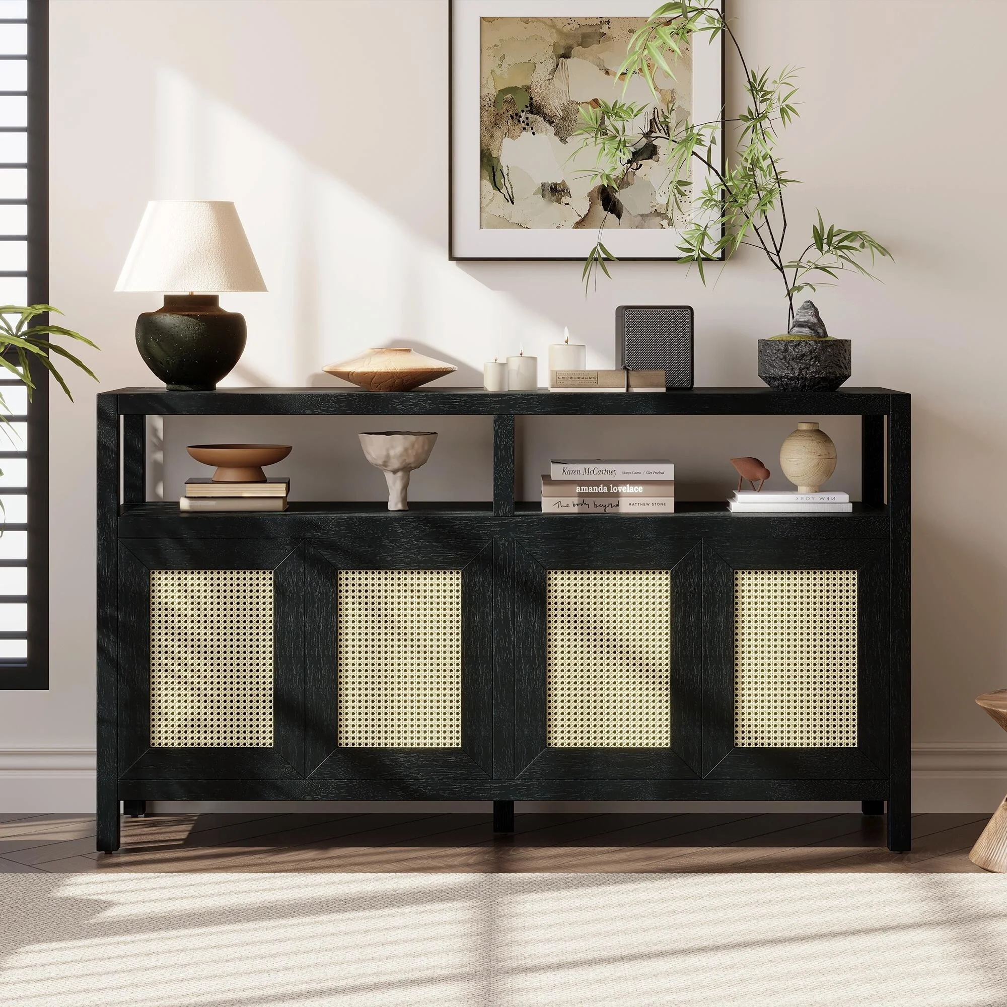 Rattan Buffet Storage Cabinet with Solid Wood Frame, Sideboard with 3-position Adjustable Shelves