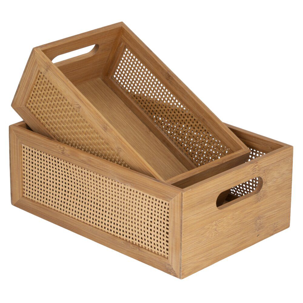 Caisse rangement cuisine x2 bois et bambou 2 faces effet rotin tressé 2 tailles
