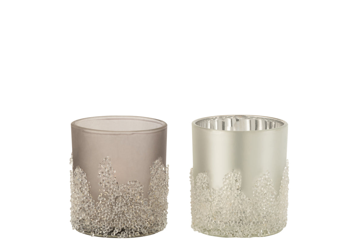 J-Line theelichthouder Suiker Frosted - glas - grijs/zilver - small - 2 stuks