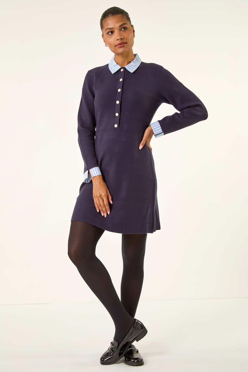 Roman Stripe Collar Buttoned Knit Dress