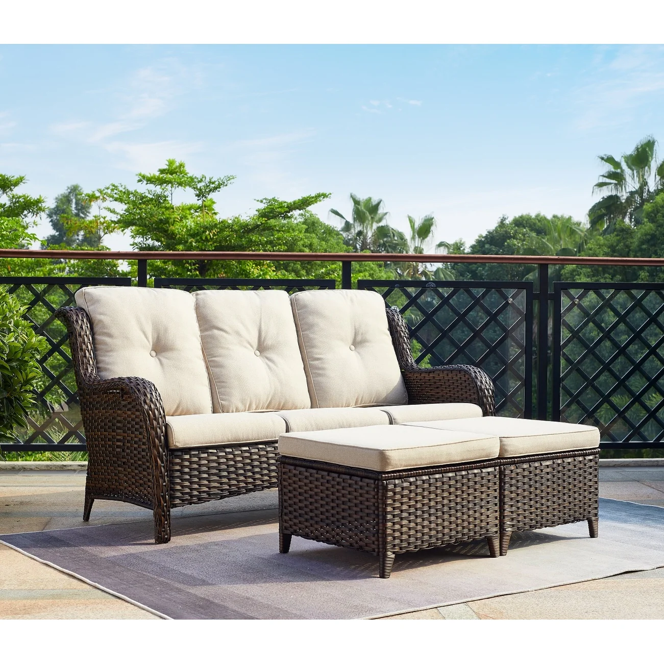 Gymojoy 3-Piece Outdoor Patio High-back Wicker Sectional Ottoman Set
