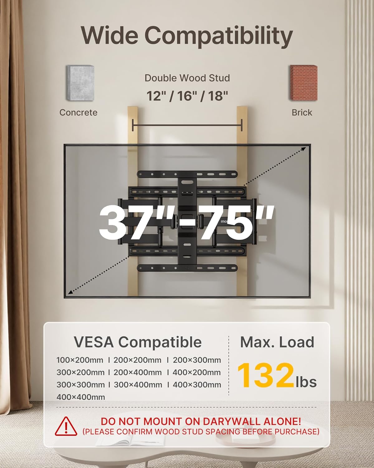 monTEK 1.1 Ultra Slim TV Wall Mount for 37-75 Inch TVs, 132lbs Heavy Duty, 4X Weight Tested, Full Motion Articulating Bracket, Max VESA 400x400mm, Fits 16/18 Studs