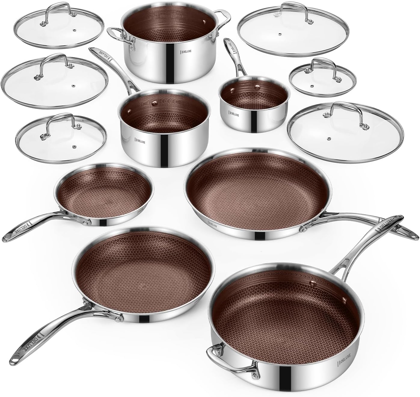 Deluxe 13 Piece Hybrid Ceramic Nonstick Cookware Set-5 PC Frying Pan Set, 6 PC Pot Set, 3.7QT Deep Sauté Pan, Induction Ready, PFOA Free Compatible with All Cooktops for Home Daily Cooking (Burgundy)
