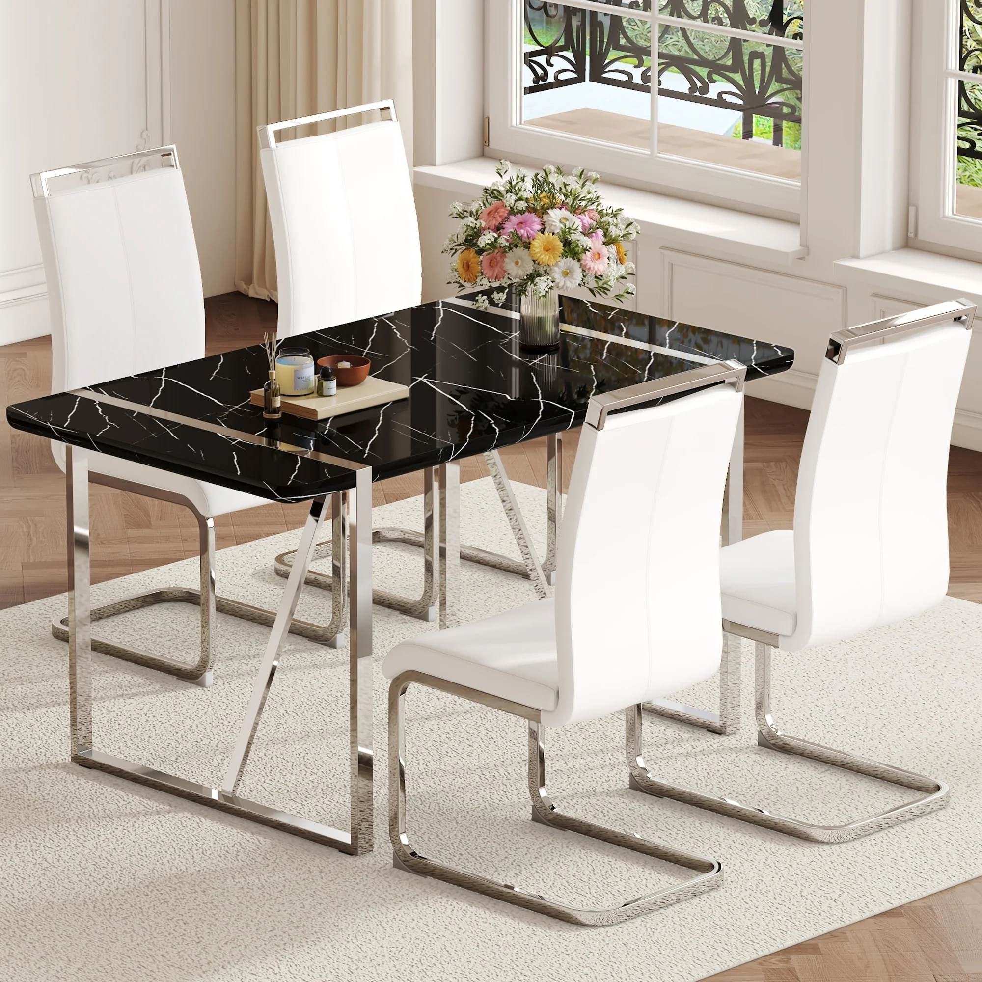 Modern Style Rectangular Dining Table Set with Marble Pattern Top and PU Upholstered Dining Chairs