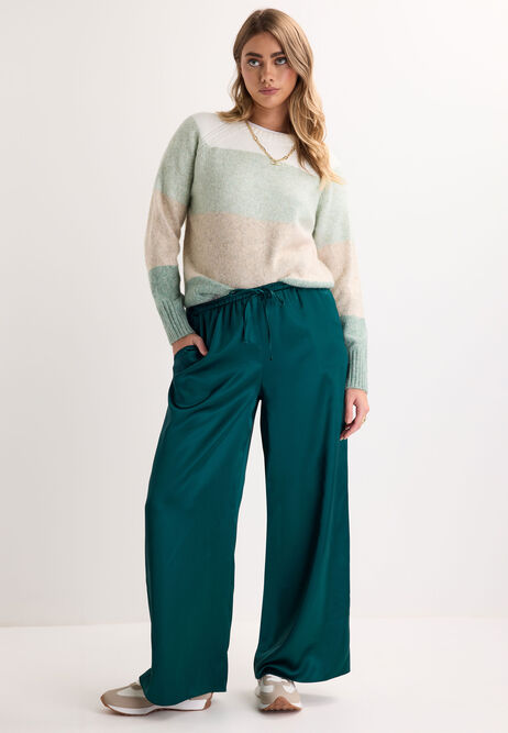 Womens Green Satin Drawstring Wide Leg Trousers