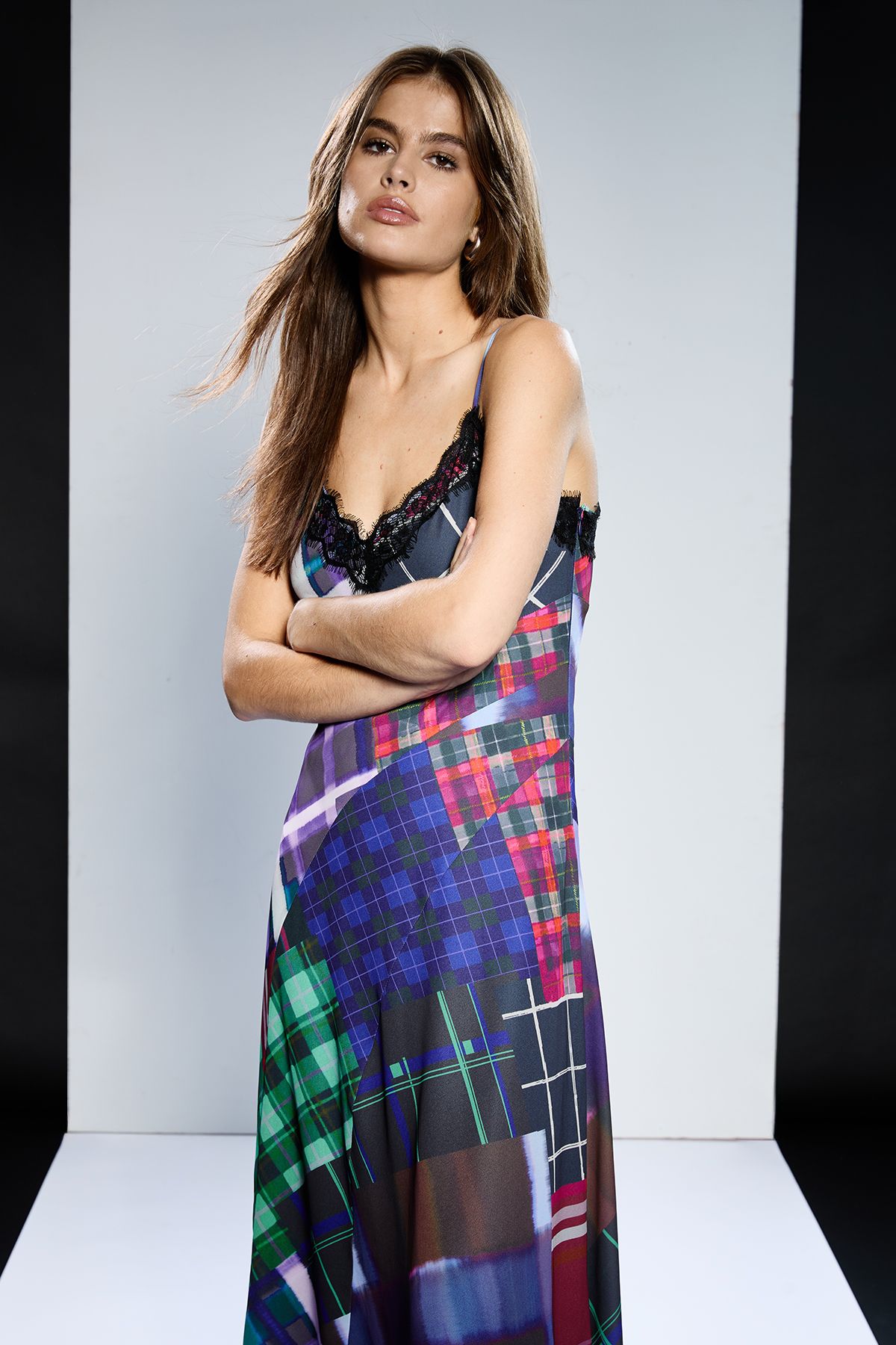 RUNWAY 1.8.1.8 Runway 1.8.1.8 Strappy Lace Detail Check Midi Slip Dress