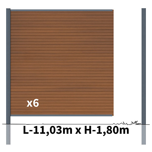 Kit Clôture Bois Composite Teck 11x1,8m SANTOS - Poteaux en Aluminium Gris - Brise Vue - Palissade