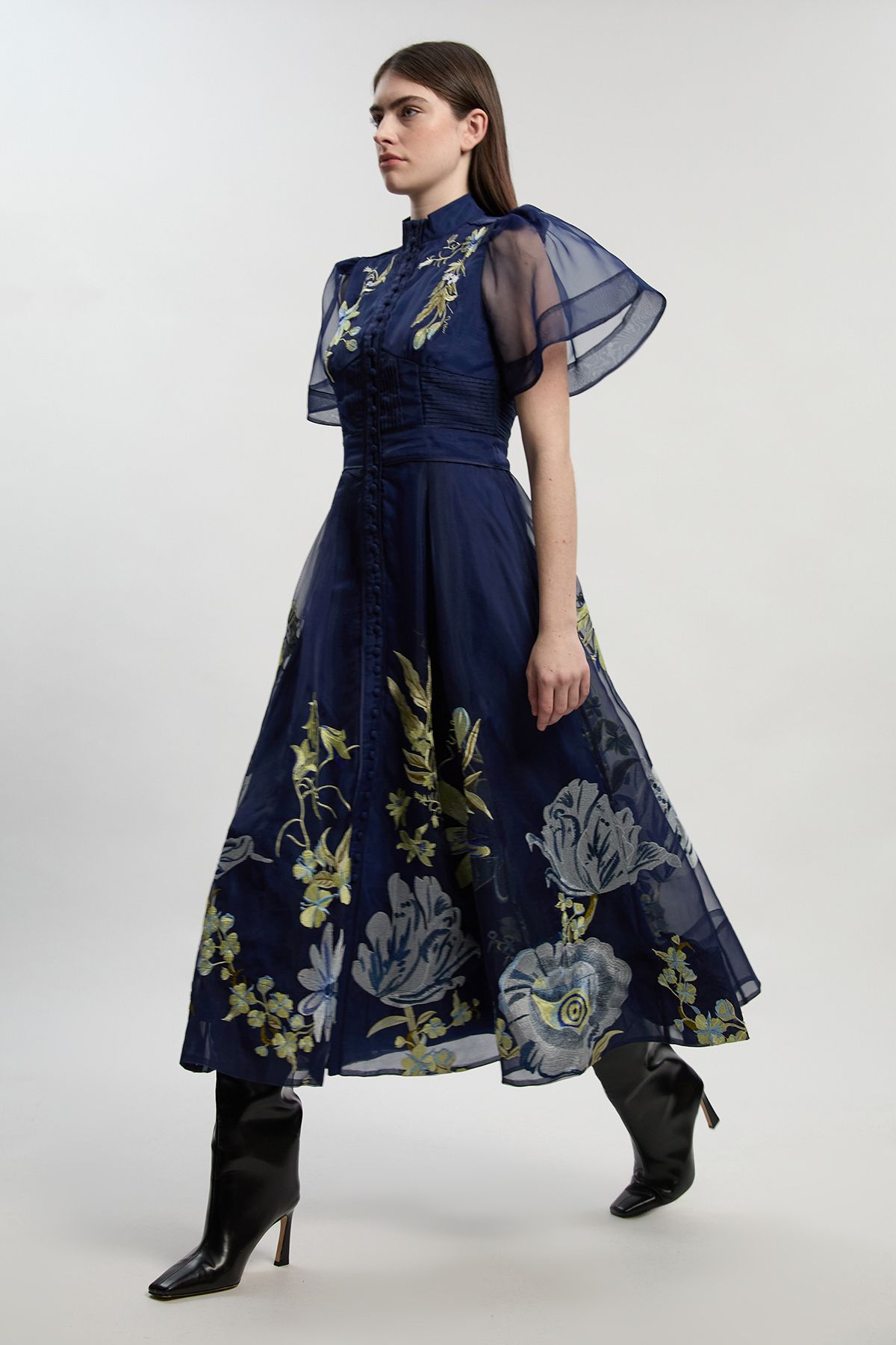 KarenMillen Petite Botanical Embroidery Organdie Angel Sleeve Midi Dress
