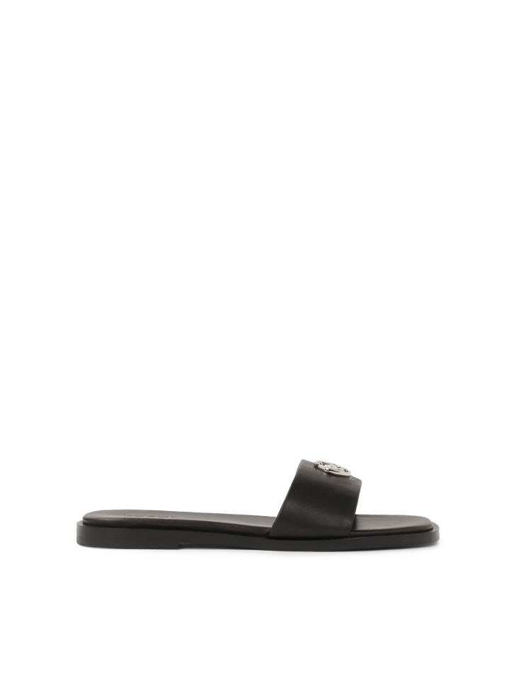 Black leather slides with silver monogram KAZAR