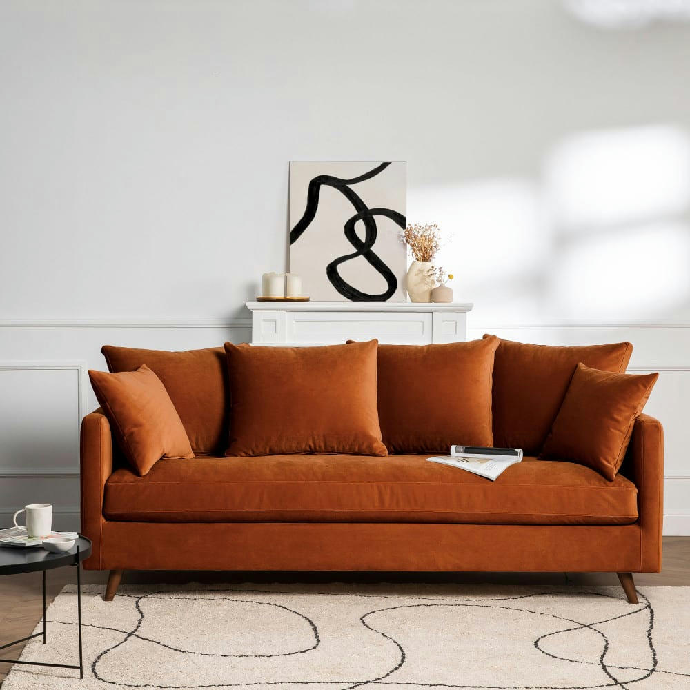 VILLABON - Canapé convertible 3 places en velours pieds bois foncé rouille