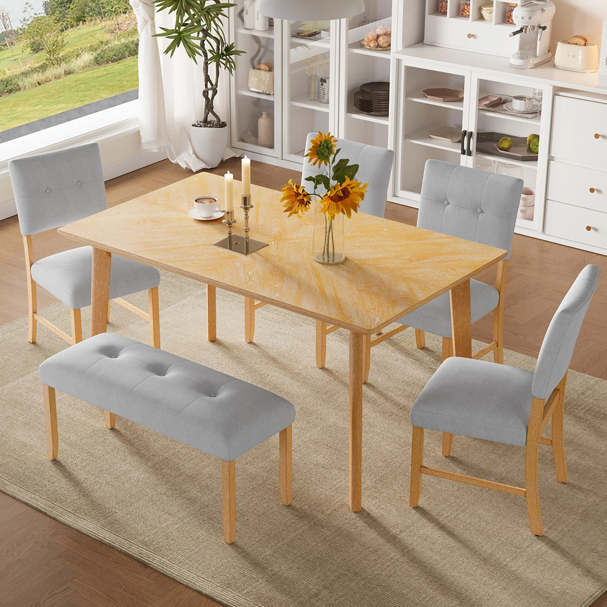 6 Piece Dining Room Table Set, Rectangular Table with 4 Upholstered Chairs and Bench, Solid Wood Kitchen Dining Table Set
