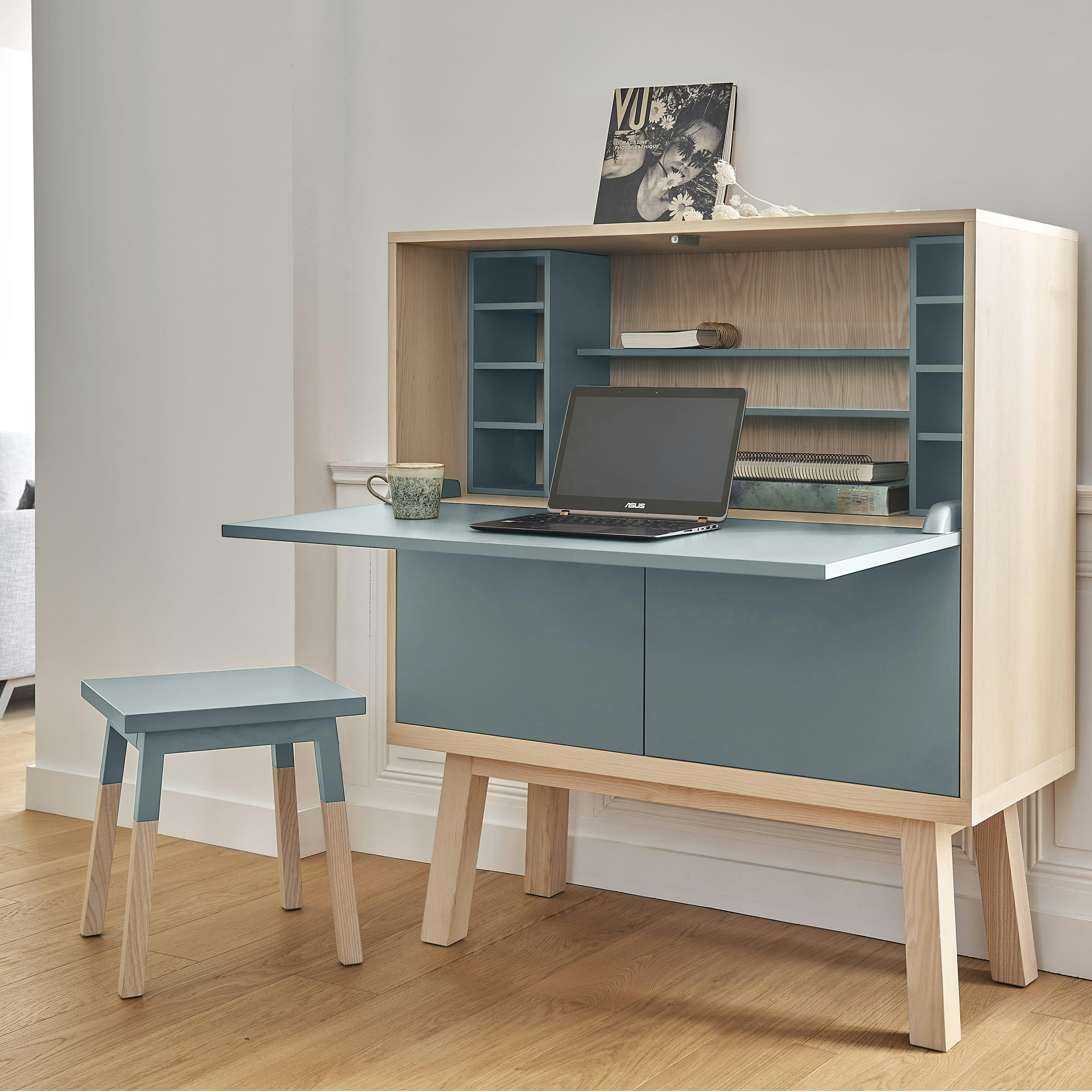 KUBE - Bureau secrétaire avec rangement, 120 cm de large, en frêne