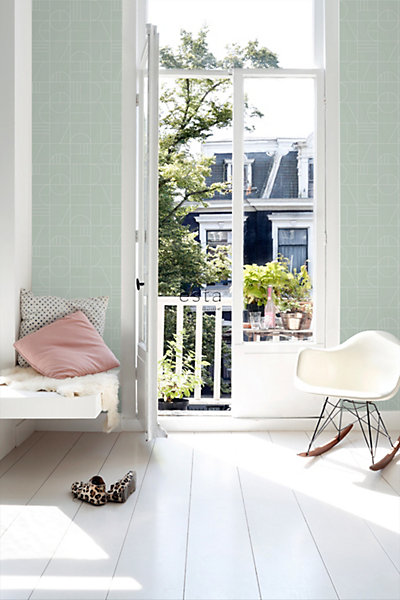 ESTAhome papier peint art déco vert menthe et blanc 53 cm x 10.05 m
