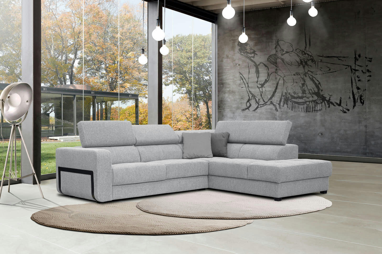 BERGO - Canapé d'angle droit 5 places en tissu gris clair avec coussins déco