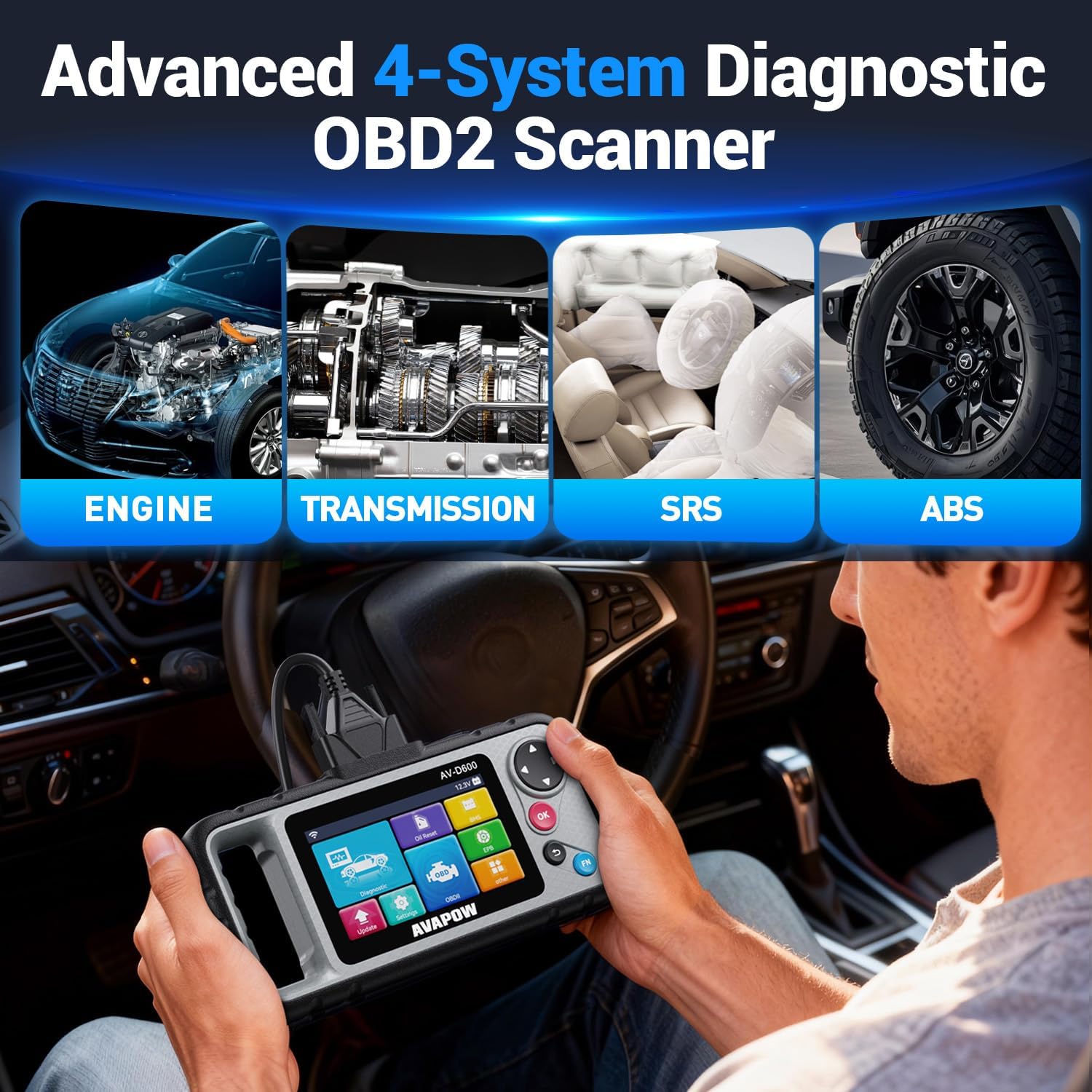 AVAPOW AV-D600 4 Systems OBD2 Scanner Engine/Transmission/SRS/ABS Diagnostic Tool, Oil Reset/EPB Reset/Battery Match, Car Code Reader with Auto VIN, WiFi Lifetime Update, Compatible with 7000+ Cars