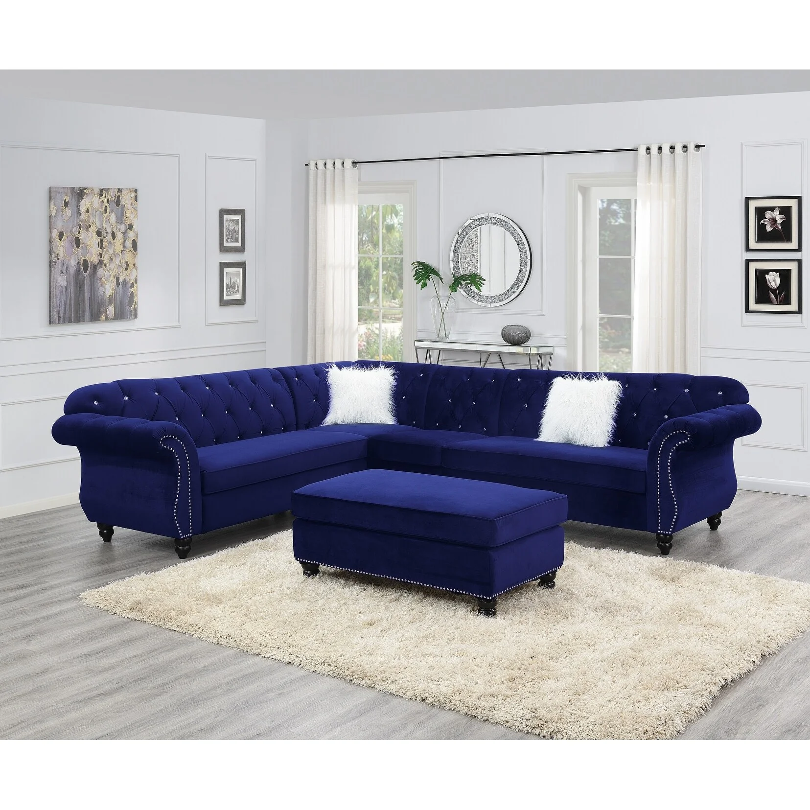 Living Room XL Cocktail Ottoman Indigo Velvet Accent Studding Trim Wooden Legs