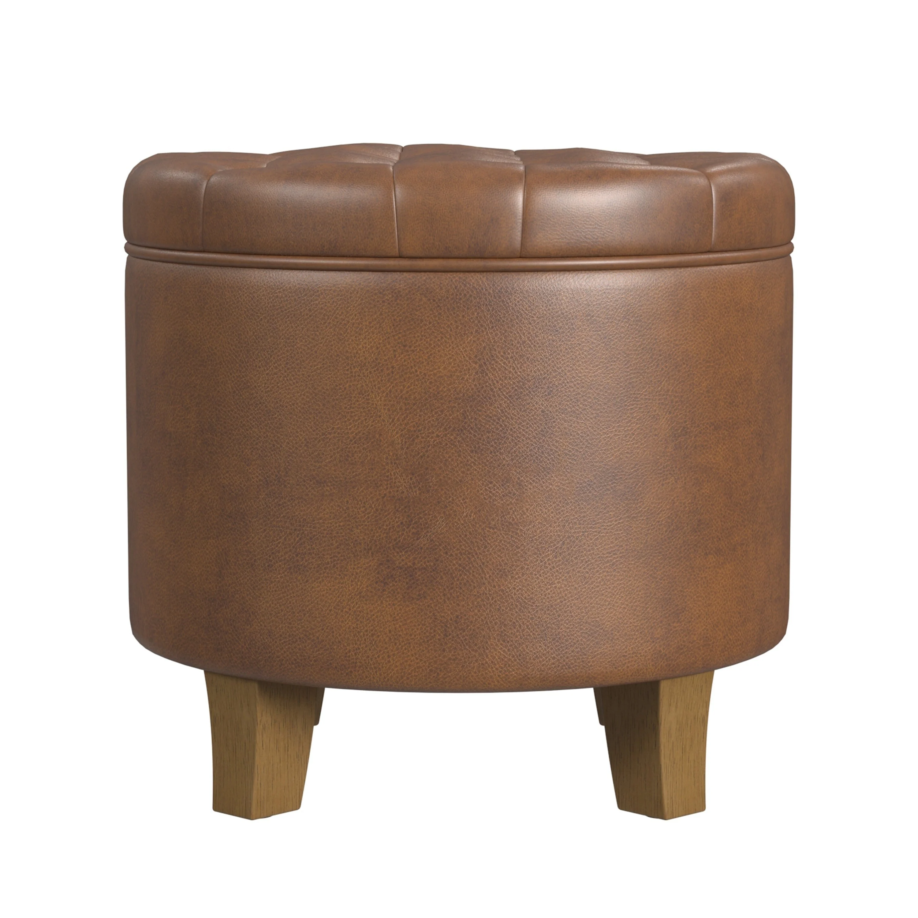 Wes Round Storage Ottoman, Brown Faux Leather, Hardwood, 19 Inch