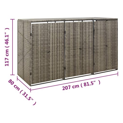 NNEVL Triple Wheelie Bin Shed Grey 207x80x117 cm Poly Rattan