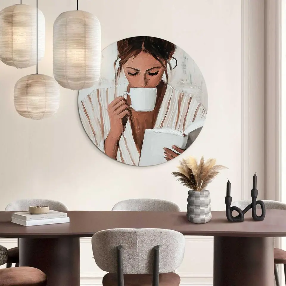 Glasschilderij Ochtendkoffie met een Boek II - &Oslash; 70 - Beige