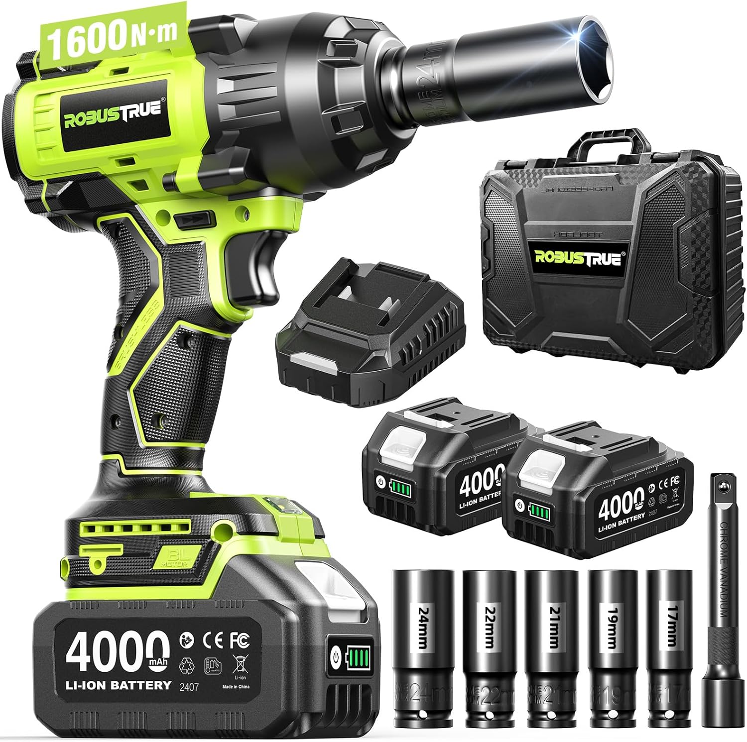 Robustrue 1600N.m (1180ft-lbs) Cordless Impact Wrench, 1/2 High Torque Brushless Impact Gun, 2400RPM Power, 2 x 4.0Ah Batteries, Fast Charger, Impact Wrench for Heavy Duty Truck RV Mower