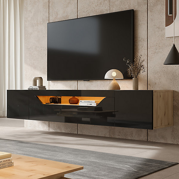 Meuble TV Suspendu avec 2 Portes et 1 Abattante, LED Contrôlable, Panneau de Particules, 180x37x36 cm - Noir   Bois Naturel
