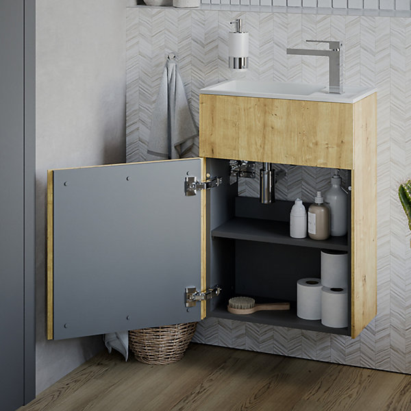 Meuble vasque suspendu MDF Chêne miel, lavabo Blanc mat   trou robinet &Bonde, Charnière porte à gauche - 50x26x72cm - KONDA