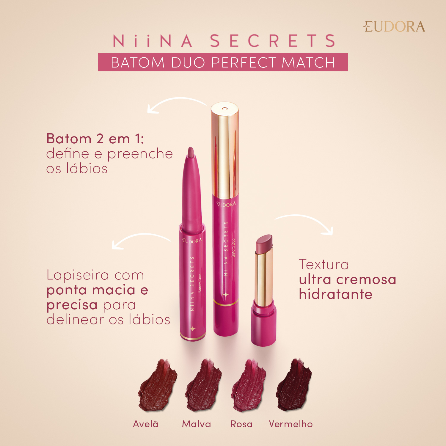 Batom Vermelho Duo Perfect Match Niina Secrets 1,65g