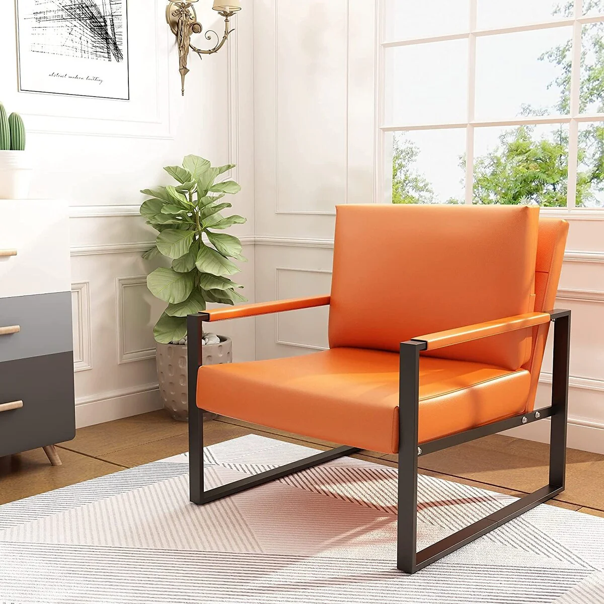 Modern Orange PU Leather Arm Chair with Extra-Thick Padded Back Cushion, Single Sofa Accent Chair for Living Room