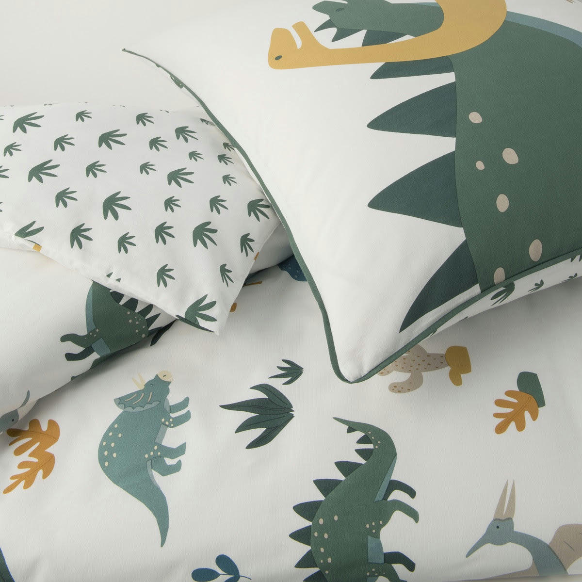 DINO - Parure de lit enfant coton  imprimé blanc et vert 140x200cm