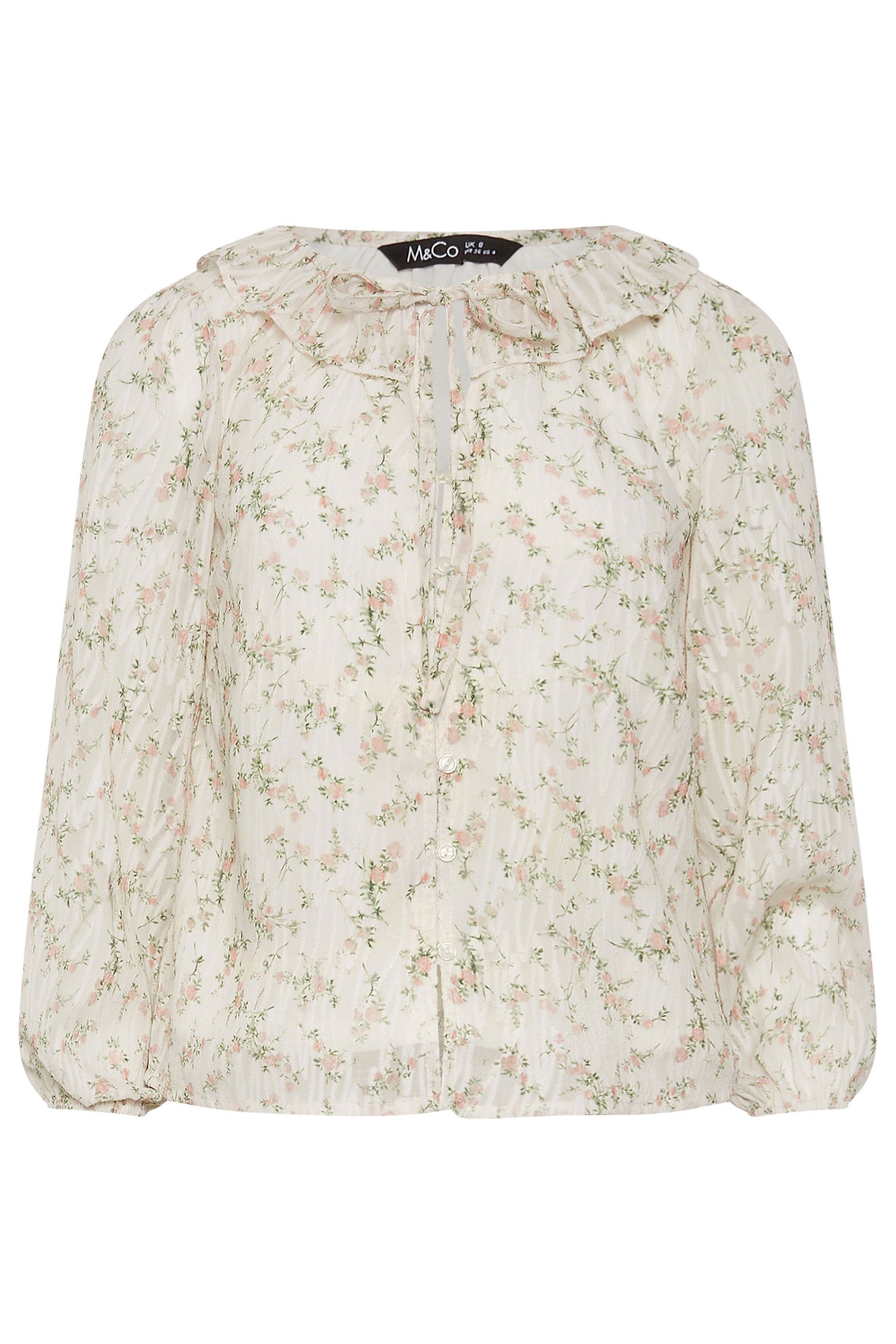 M&Co Petite Floral Ruffle Tie Neck Blouse