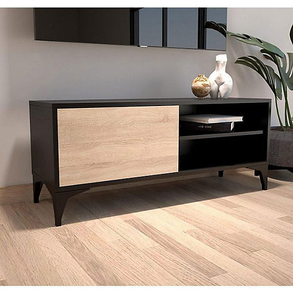 Meuble TV moderne - Noir et Sonoma, mélamine mate - 1 porte - Pieds 12 cm - 100 x 42 x 30 cm