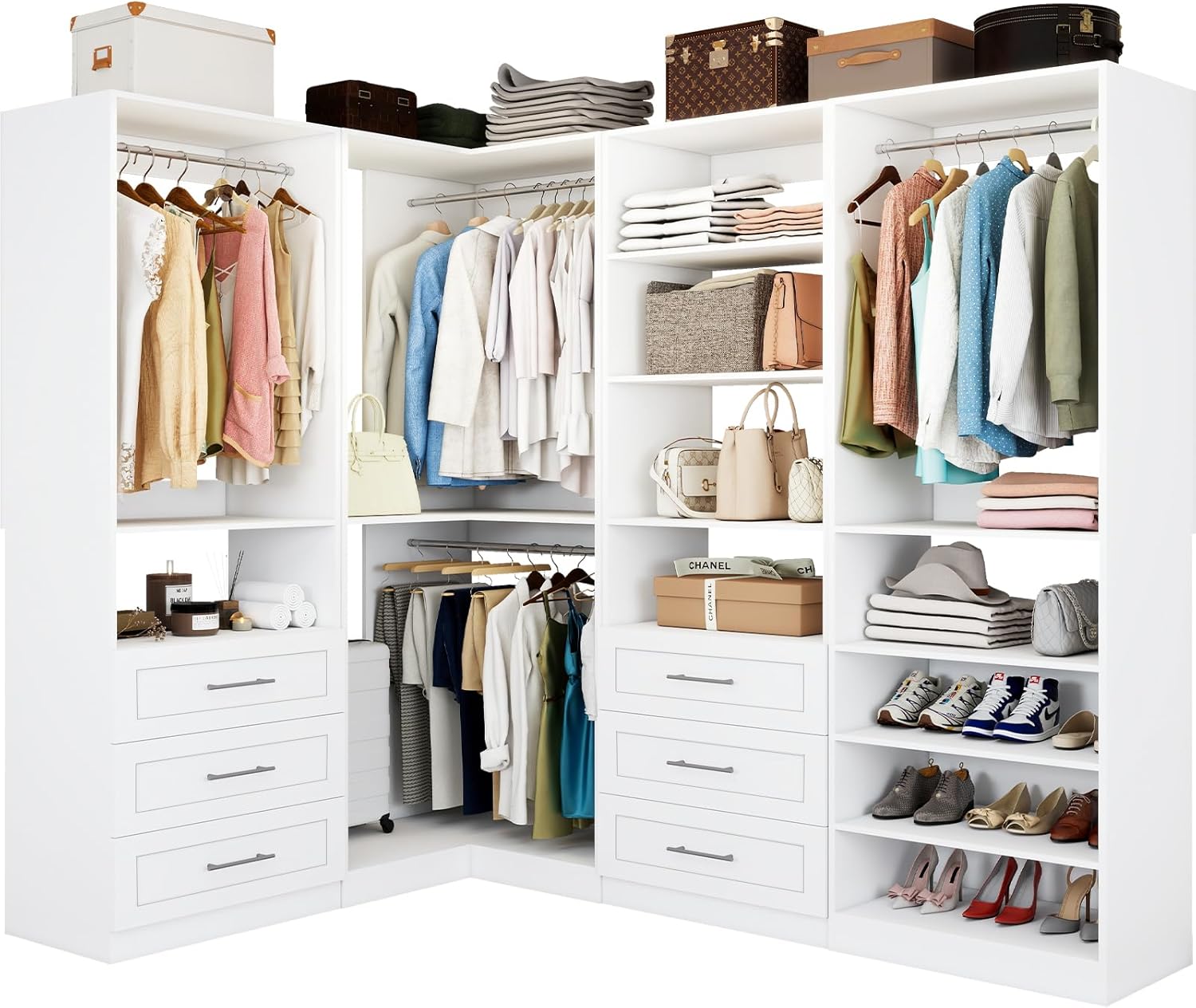 Closet System with 4 sets, 101.9 Closet Organizer Systems with 6 Drawers & 8 Hanging Rods & Adjustable Shelves, Walk in Closet Standing Closet System, Corner Closet System Set, White