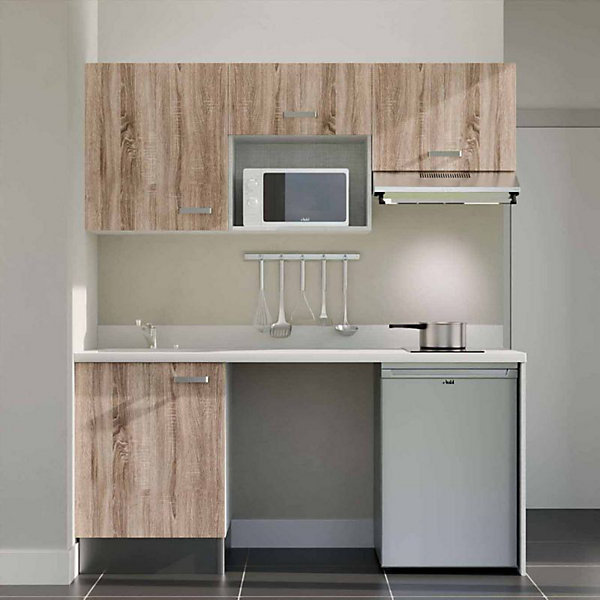 Kitchenette K55 - 180 cm - façades Bois - Plan monobloc en quartz coloris Snova évier à gauche - Electroménager Inox