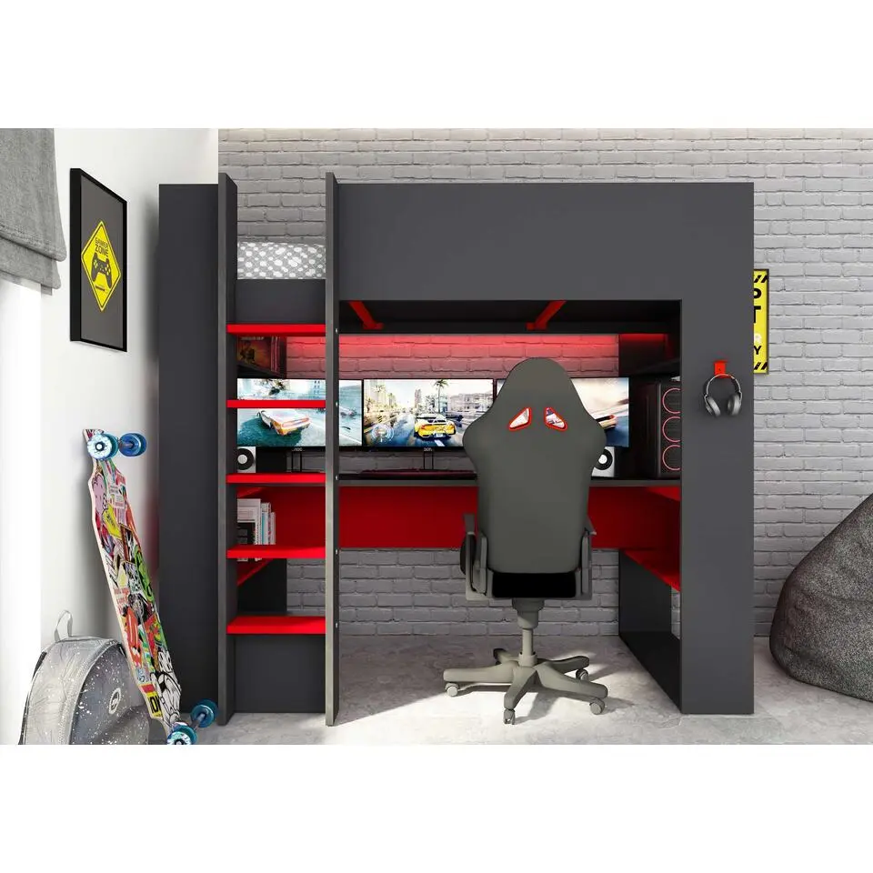 Hoogslaper met bureau Graham 90x200cm - antraciet/rood