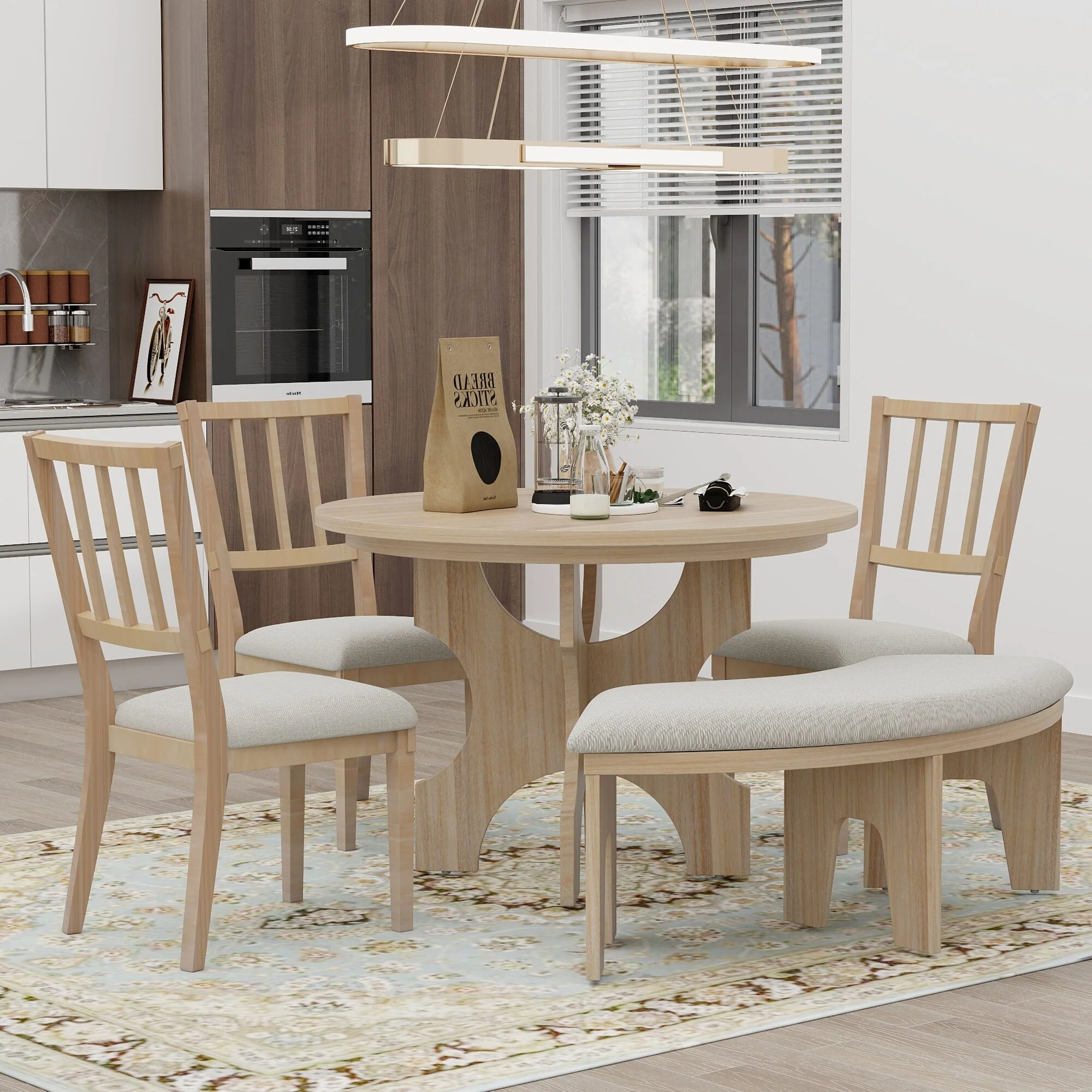 Rustic Style 5-piece Dining Set with Round Table, 3 Upholstered Chairs and Side Chairs