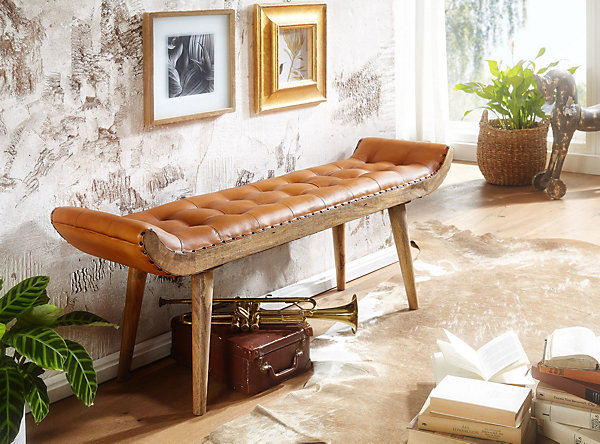 banc d'entrée Chesterfield banc rembourré en cuir véritable banc 125x50x38 cm FineBuy
