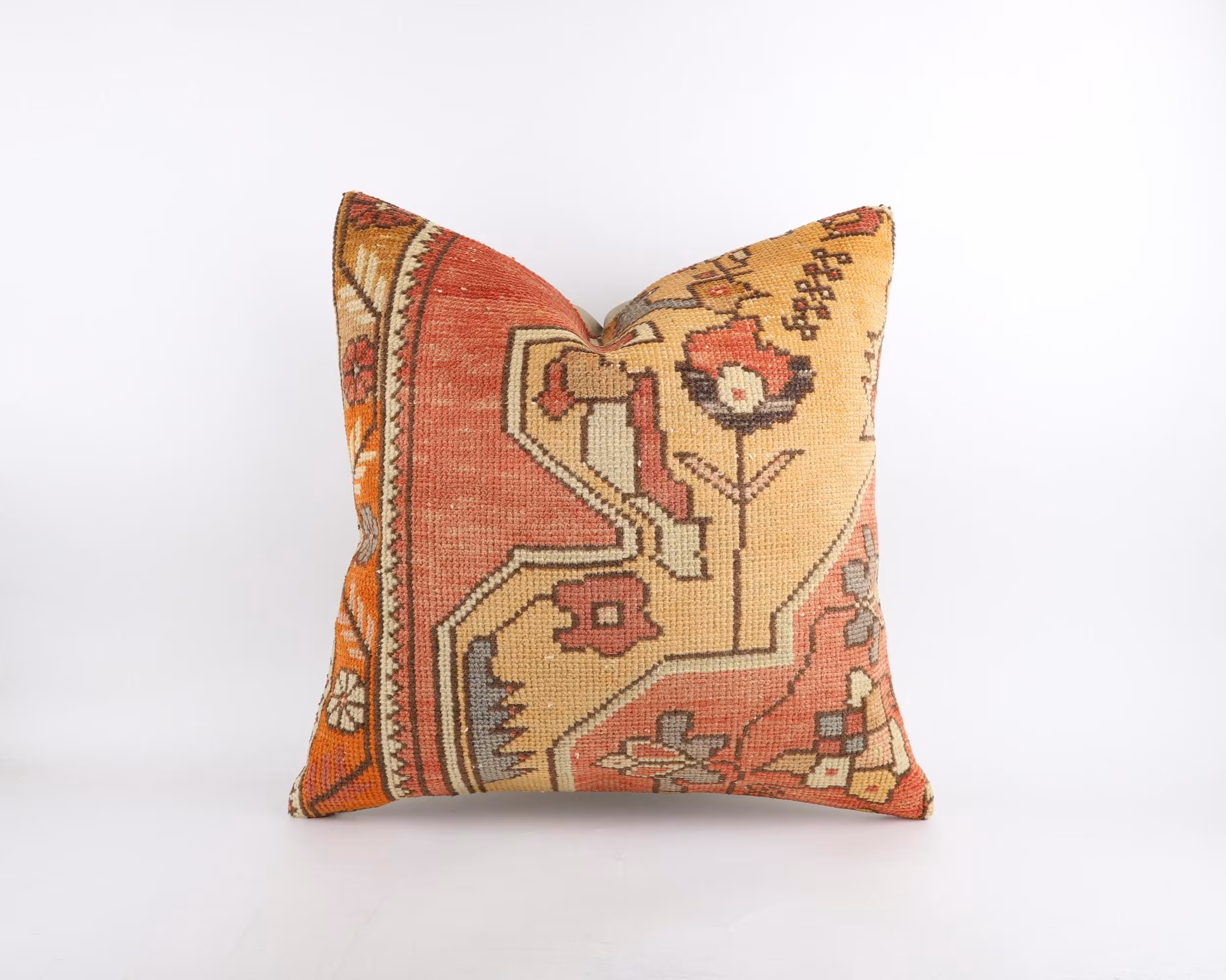 Vintage Turkish Kilim Pillow Cover, 24x24 Boho Wool Cushion, Handwoven Anatolian Rug Case