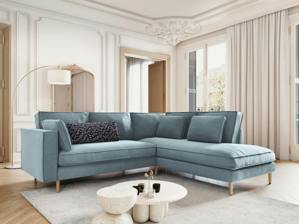 ALEXIS - Canapé d'angle 5 places en tissu structuré bleu clair