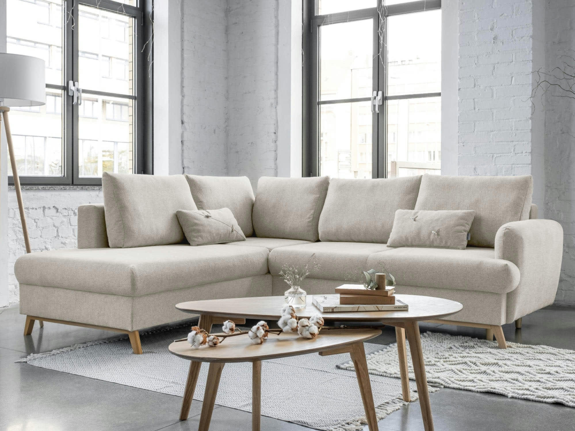 LAGOM - Canapé d'angle gauche convertible 5 places en tissu beige