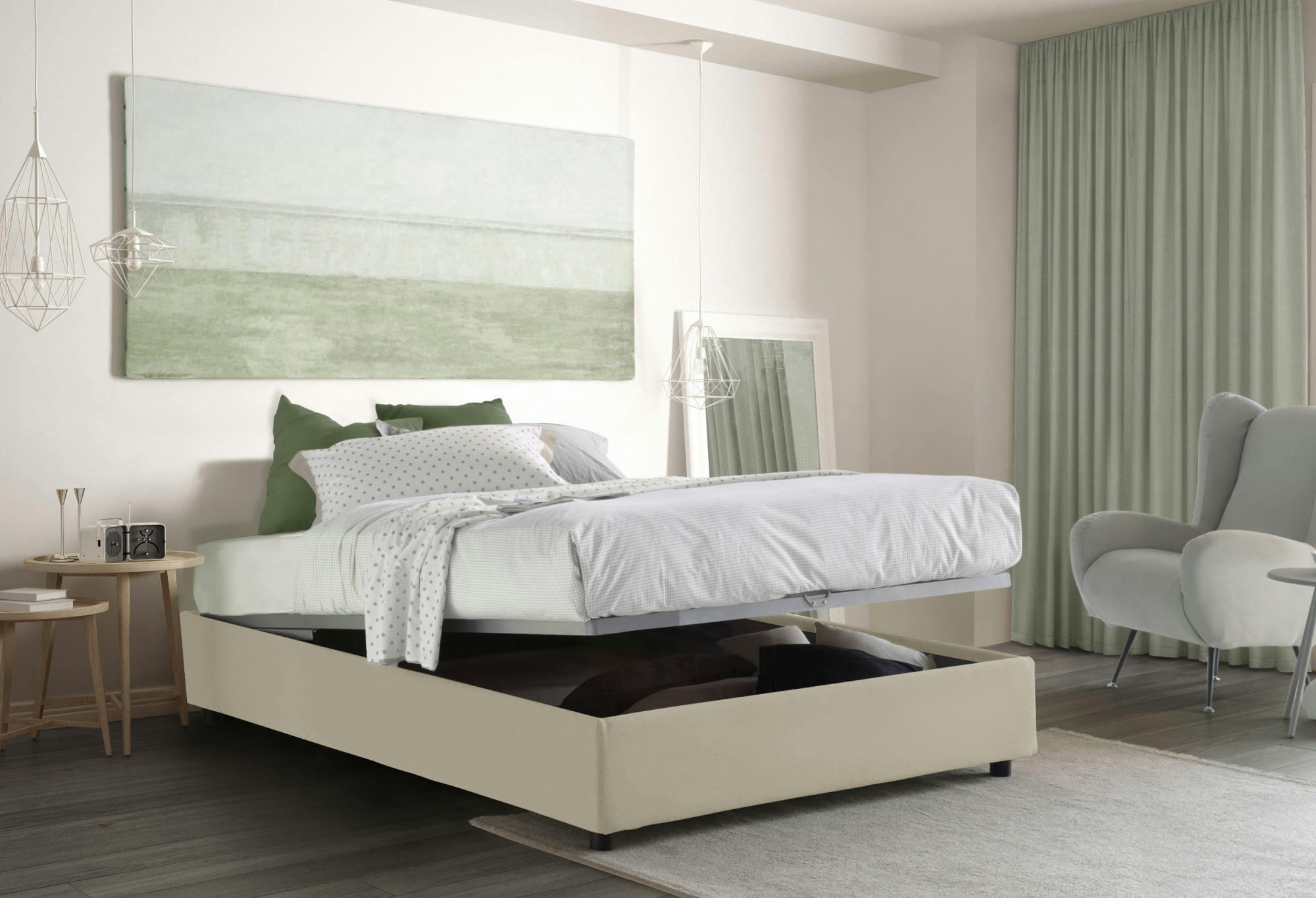 AZZURRA - Lit coffre 140x190 cm en tissu crème