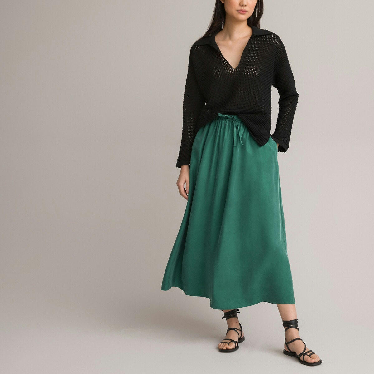 Pull col polo, manches longues en maille ajourée